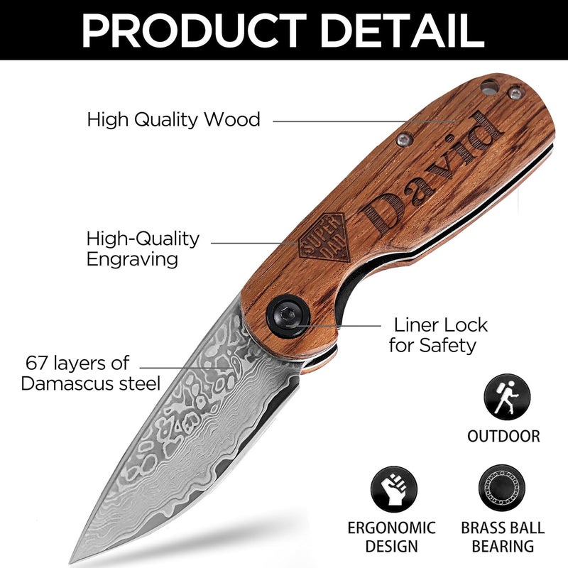 C.light 3D Personalized Pocket Knife, 67-Layer Damascus Steel Blade, Personalized Christmas Gift for him, Dad, husband, Custom Engraved Folding Knife for Camping, Hunting, Outdoors – Gift for Father’s Day - Image 5